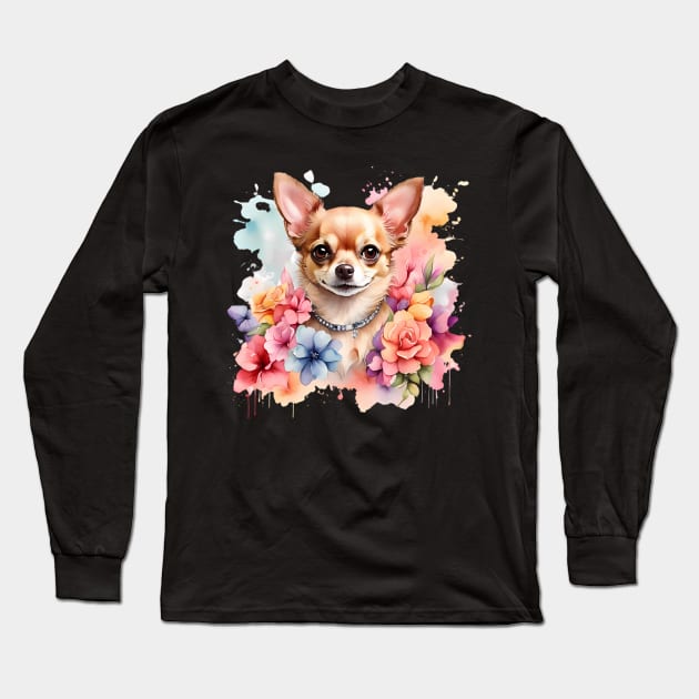 A chihuahua decorated with beautiful watercolor flowers Long Sleeve T-Shirt by CreativeSparkzz